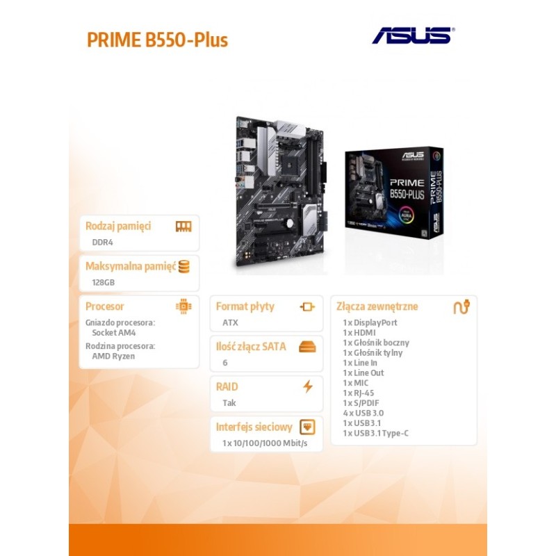 Płyta Asus PRIME B550-PLUS /AMD B550/SATA3/M.2/USB3.1/PCIe4.… | PartsPC.pl