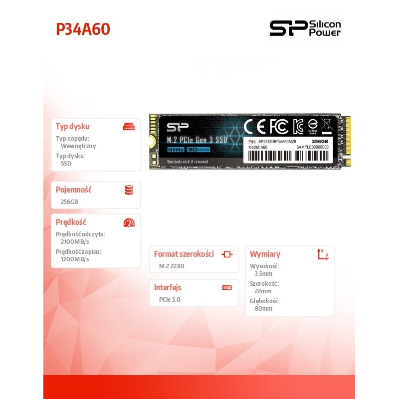 Dysk SSD Silicon Power A60 256GB PCIe Gen3x4 NVMe (2200/1600… | PartsPC.pl
