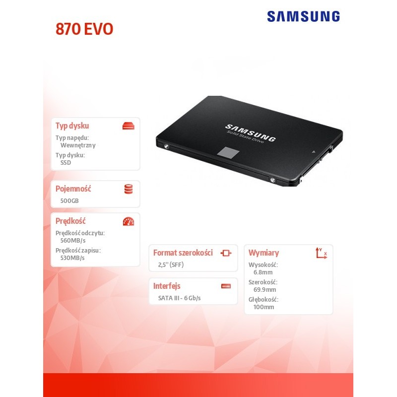 Dysk SSD Samsung 870 EVO 500GB 2,5“ SATA3 (560/530) V-NAND 3… | PartsPC.pl