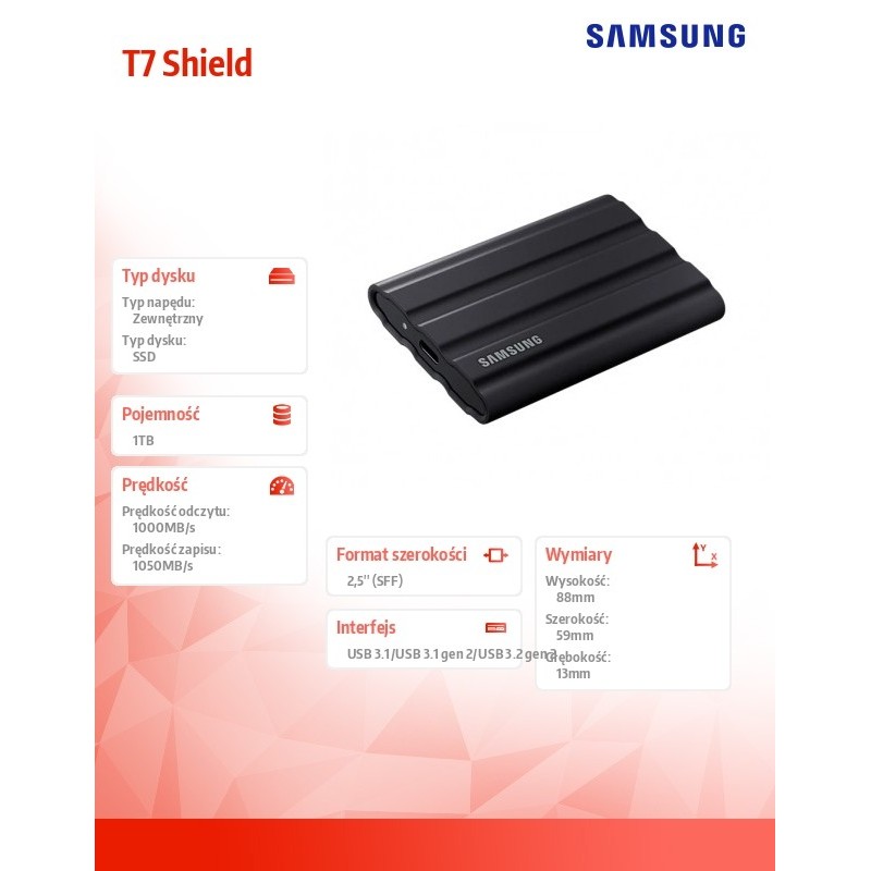 Samsung Dysk SSD T7 Shield 1TB USB 3.2, czarny | PartsPC.pl