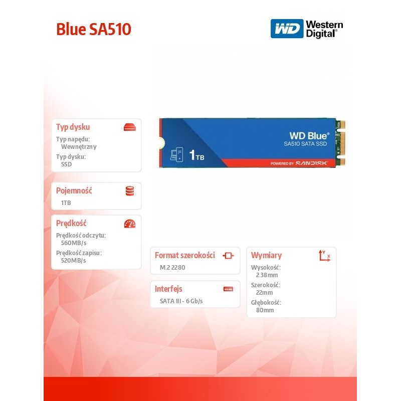 WD Blue™ SA510 SATA SSD M.2 2280 POWERED BY SANDISK 1 TB | PartsPC.pl