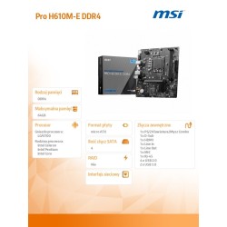Płyta MSI PRO H610M-E DDR4 /H610/DDR4/SATA3/M.2/USB3.0/PCIe4… | PartsPC.pl
