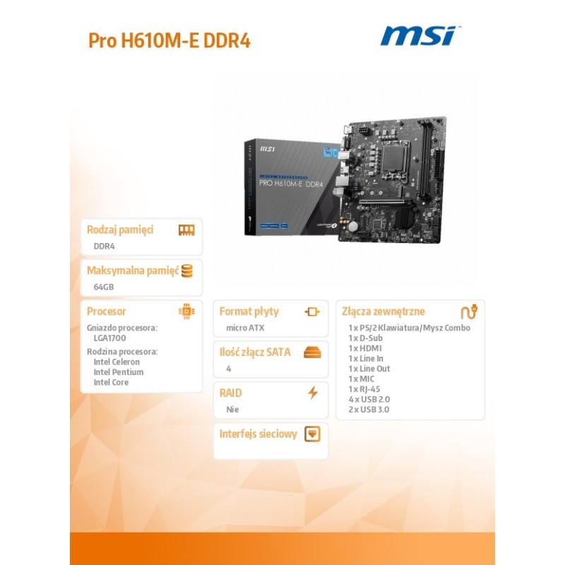Płyta MSI PRO H610M-E DDR4 /H610/DDR4/SATA3/M.2/USB3.0/PCIe4… | PartsPC.pl