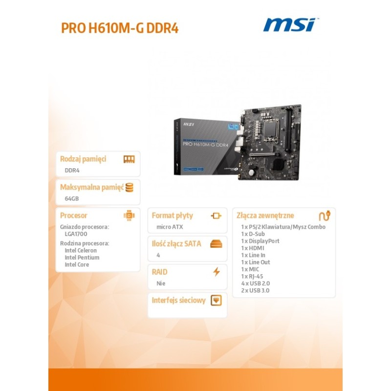 Płyta MSI PRO H610M-G DDR4/H610/DDR4/SATA3/M.2/USB3.0/PCIe4.… | PartsPC.pl