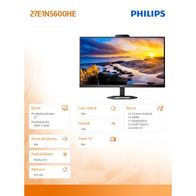 Monitor Philips 27" 27E1N5600HE/00 HDMI DP USB-C 3.2 glośnik… | PartsPC.pl