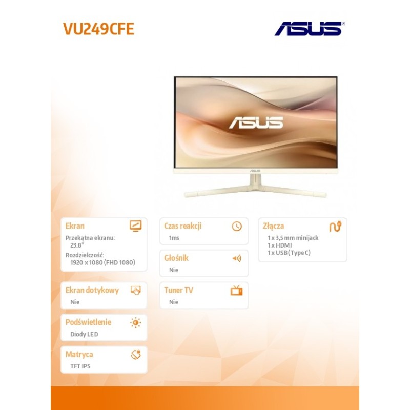 Monitor Asus 23,8" Eye Care Gaming Monitor VU249CFE-M HDMI USB-C Oat Milk
