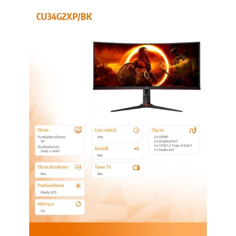 Monitor AOC 34" CU34G2XP/BK 2xHDMI 2xDP 5xUSB