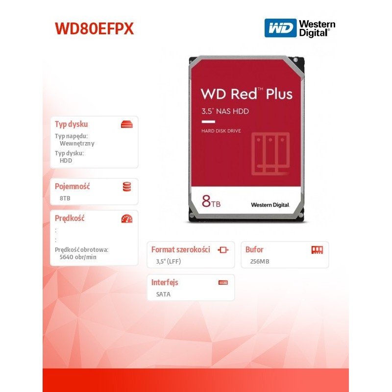 Dysk WD Red™ Plus WD80EFPX 8TB 3,5" 5640 256MB SATA III | PartsPC.pl