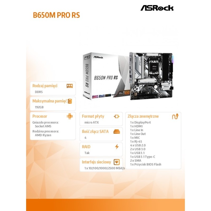 ASRock Płyta główna B650M PRO RS AM5 4DDR5 HDMI/DP mATX | PartsPC.pl