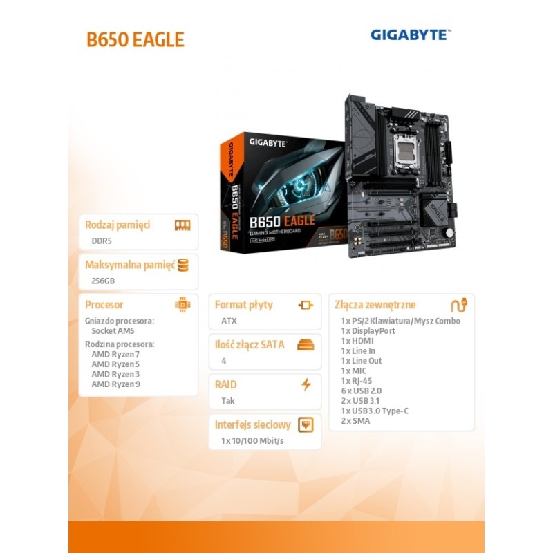 Płyta Gigabyte B650 EAGLE /AMD B650/DDR5/SATA3/M.2/PCIe4.0/A… | PartsPC.pl
