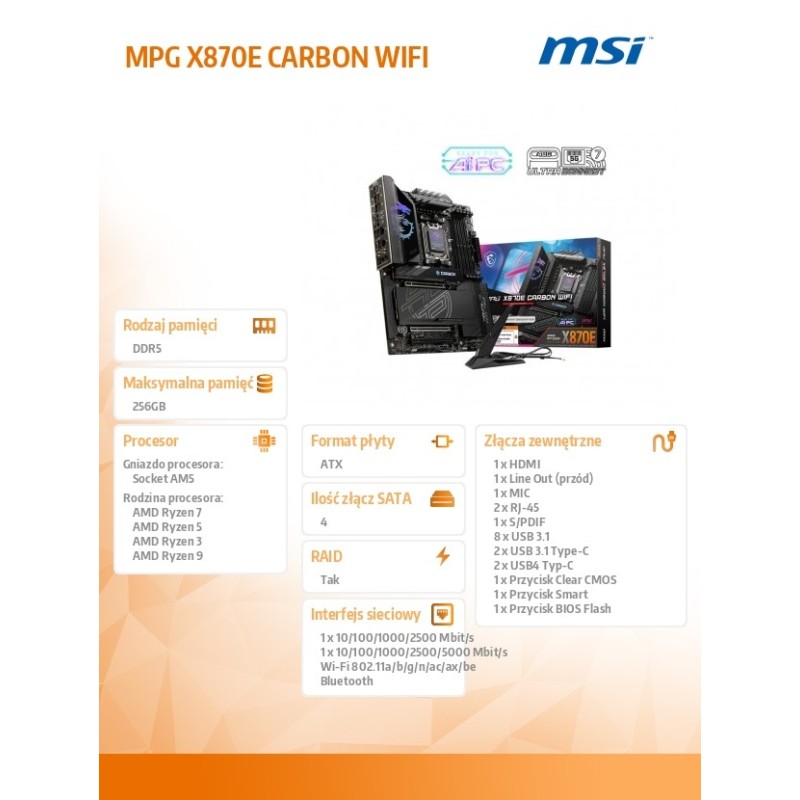 MSI Płyta główna MPG X870E CARBON WIFI AM5 4DDR5 ATX | PartsPC.pl