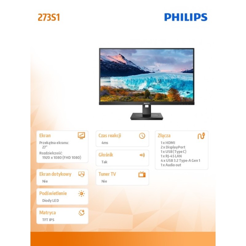 Monitor Philips 27" 273S1/00 HDMI DP USB-C głośniki | PartsPC.pl