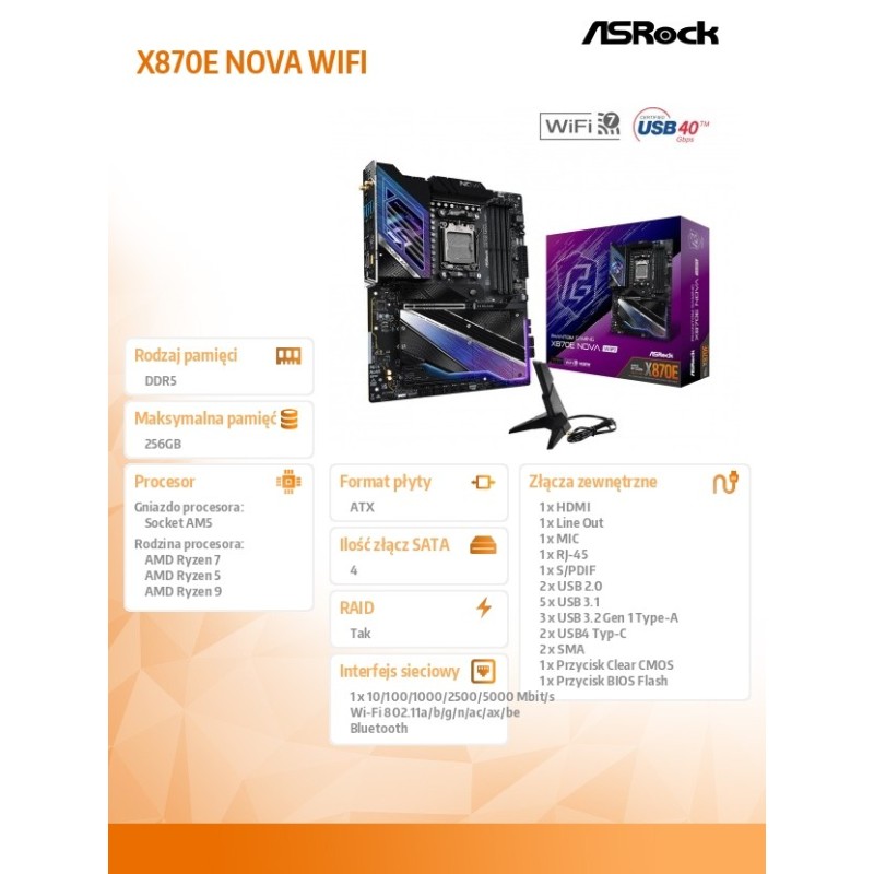 Płyta ASrock X870E NOVA WIFI /AMD X870/DDR5/SATA3/M.2/USB4/P… | PartsPC.pl