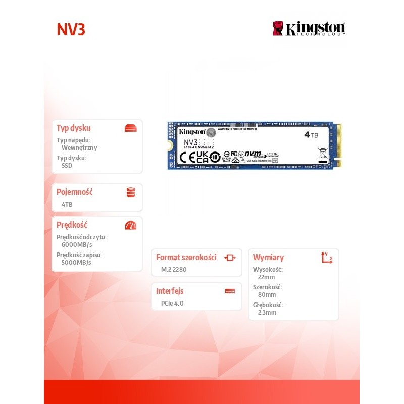 Dysk SSD Kingston NV3 M.2 2280 PCIe 4.0x4 NVMe 4TB (6000/500… | PartsPC.pl