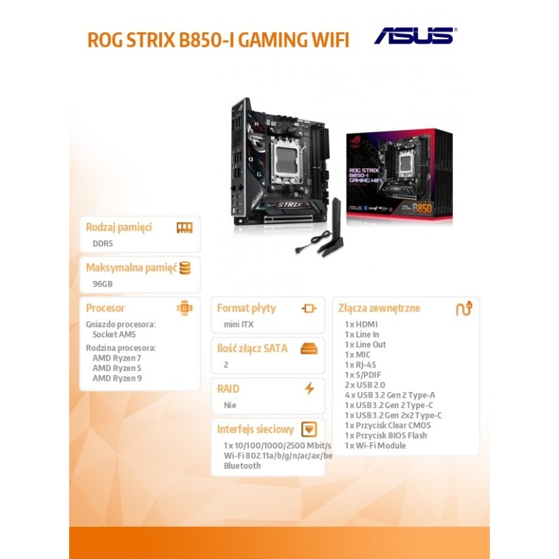 Asus Płyta główna ROG STRIX B850-I GAMING WIFI | PartsPC.pl