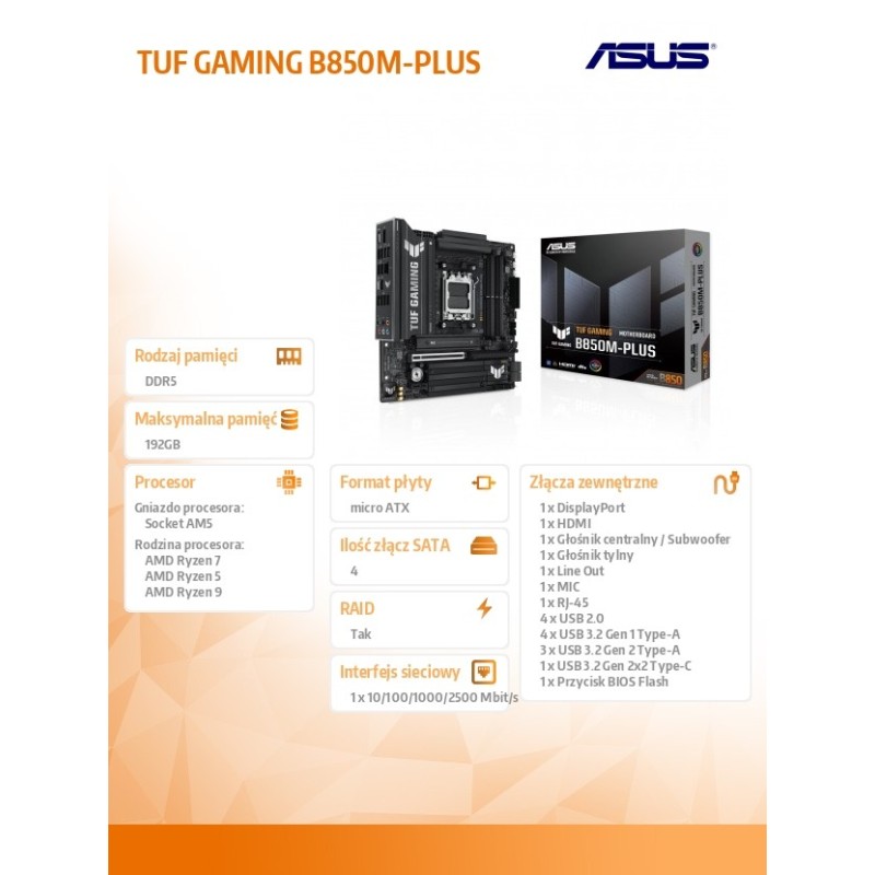 Asus Płyta głowna TUF GAMING B850M-PLUS | PartsPC.pl