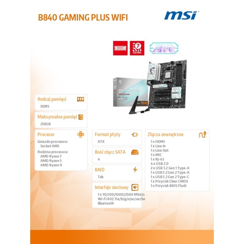 Płyta MSI B840 GAMING PLUS WIFI /AMD | PartsPC.pl