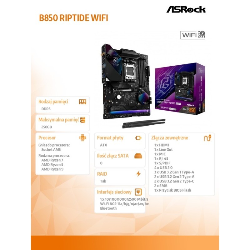 ASRock Płyta główna B850 Phantom Gaming Riptide WiFi AM5 4DD… | PartsPC.pl