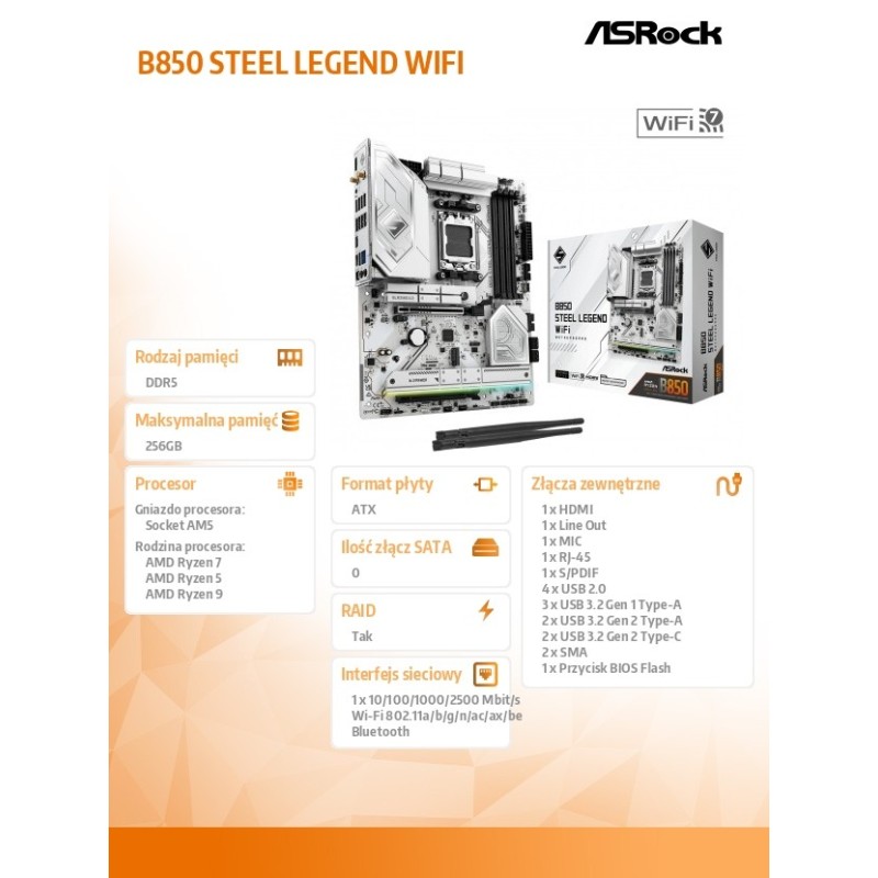 ASRock Płyta główna B850 Steel Legend WiFi AM5 4DDR5 ATX | PartsPC.pl