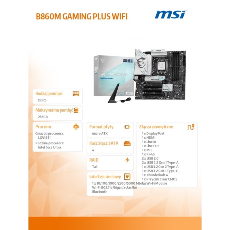MSI Płyta główna B860M GAMING PLUS WIFI s1851 4DDR5 ATX | PartsPC.pl