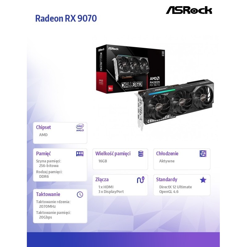 Karta VGA ASRock Radeon RX 9070 Challenger 16GB GDDR6 256bit HDMI+3xDP