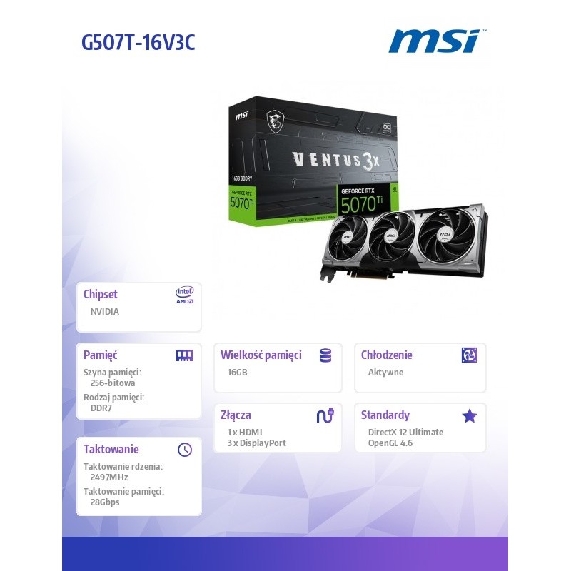 Karta VGA MSI GeForce RTX 5070 Ti 16G VENTUS 3X OC 16GB GDDR… | PartsPC.pl