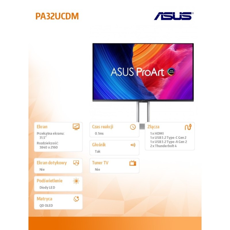 Asus Monitor 31.5 cala PA32UCDM OLED 4K UHD QD-OLED 240Hz | PartsPC.pl