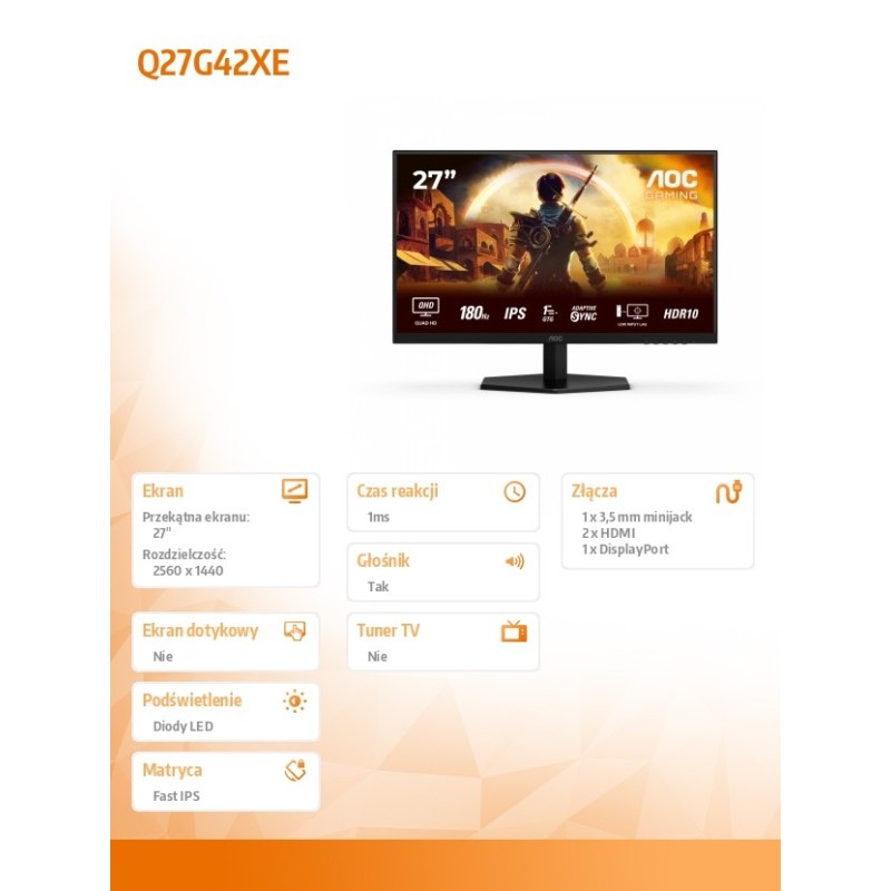 Monitor AOC 27" Q27G42XE Fast IPS QHD 180Hz 2xHDMI DP głośni… | PartsPC.pl