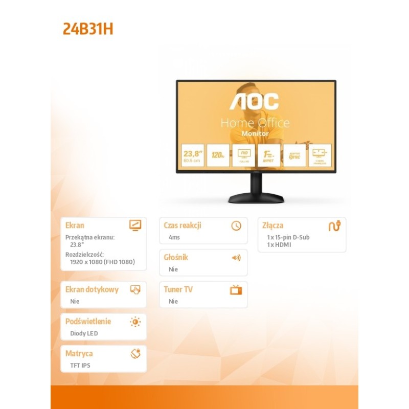 Monitor AOC 23,8" 24B31H IPS FHD 120Hz HDMI VGA | PartsPC.pl