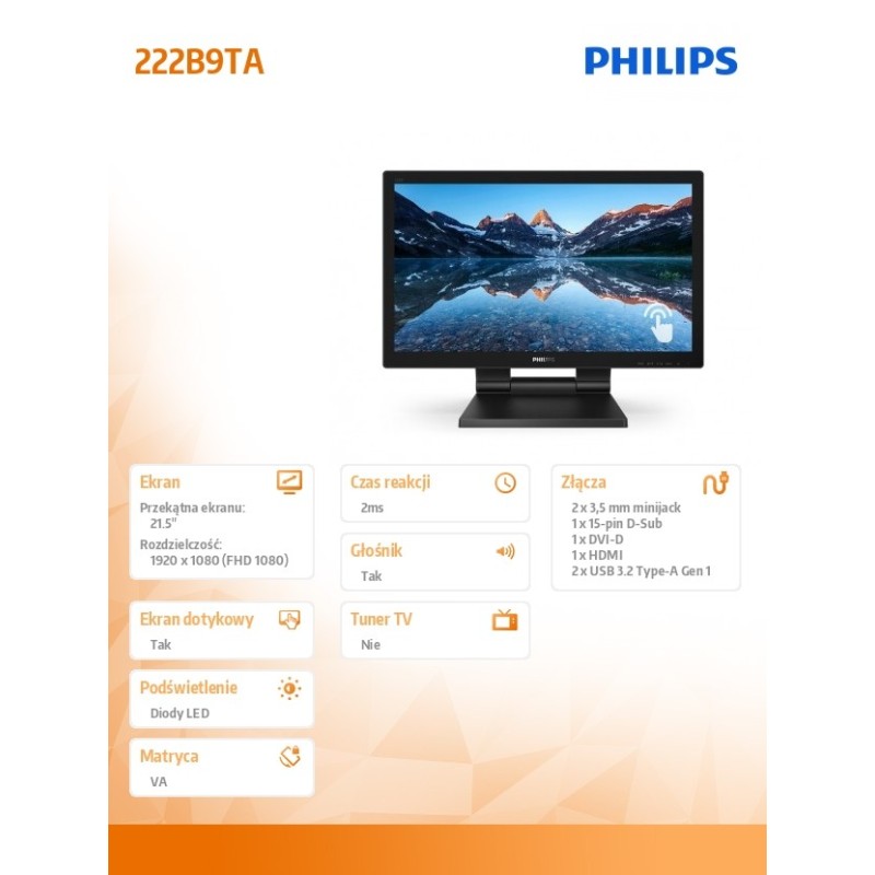 Monitor Philips 21,5" 222B9TA/00 Touch VA FHD 60Hz HDMI DP VGA DVI-D HUB