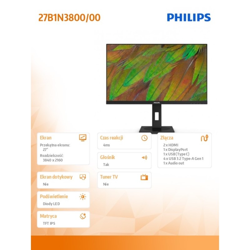 Monitor Philips 27" 27B1N3800/00 IPS 4K UHD 60Hz 2xHDMI DP 5xUSB głośniki