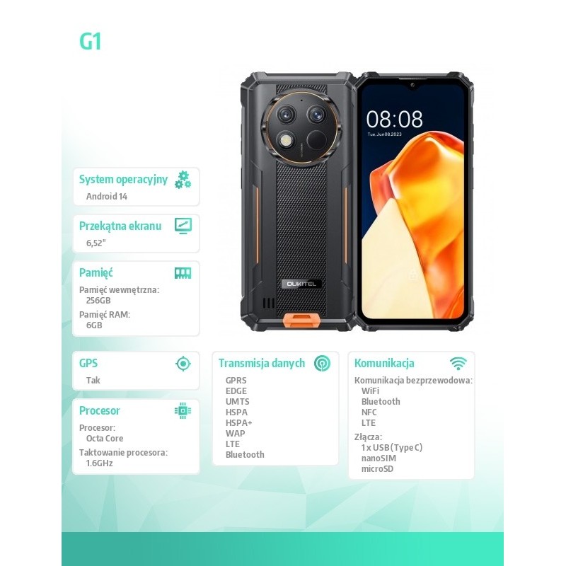 OUKITEL Smartfon G1 4G 6/256GB IP69K pomarańczowy | PartsPC.pl