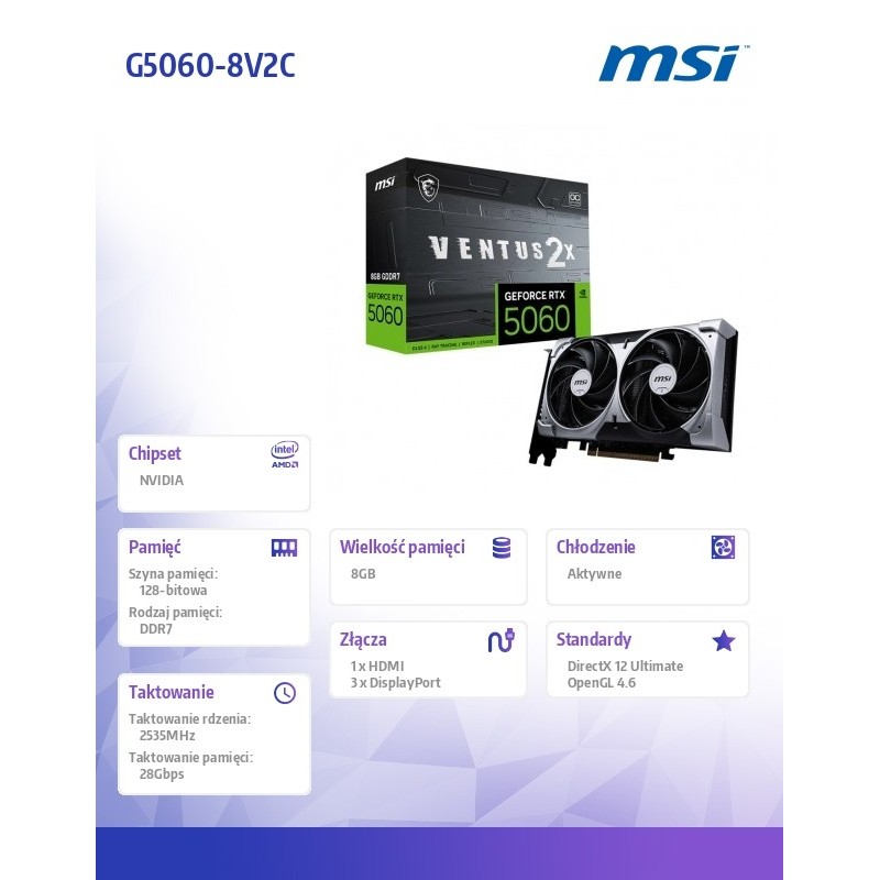 MSI Karta graficzna GeForce RTX 5060 8G VENTUS 2X OC | PartsPC.pl