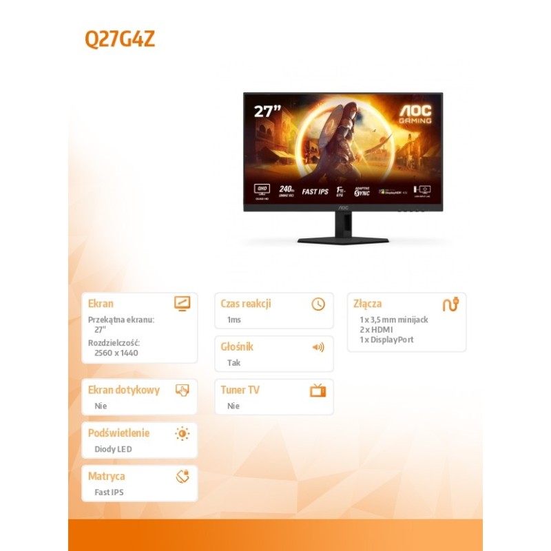 Monitor AOC 27" Q27G4ZR Fast IPS WQHD 240Hz 2xHDMI DP głośni… | PartsPC.pl
