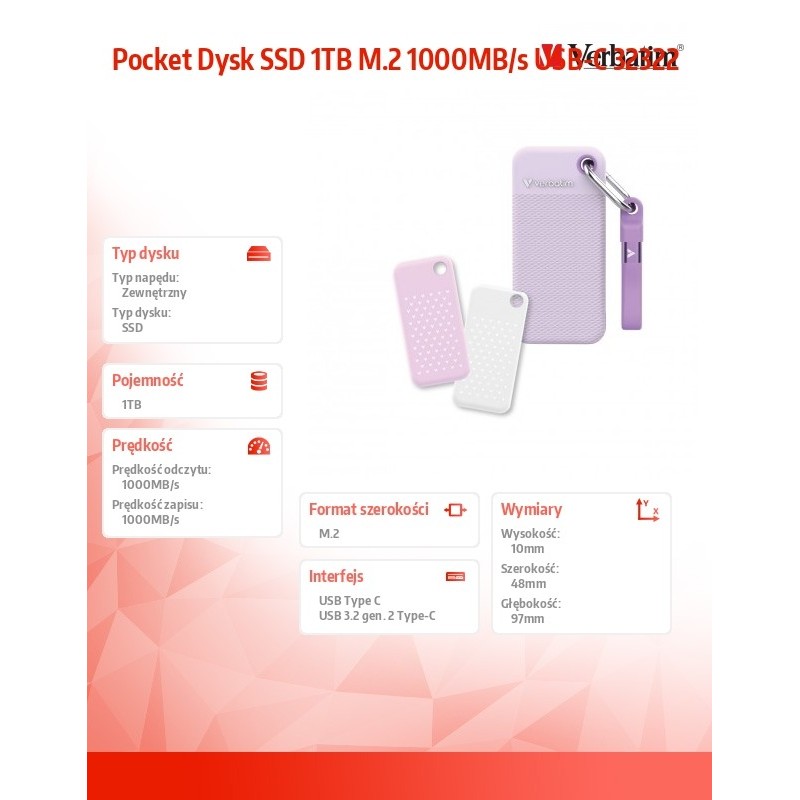 Verbatim Pocket Dysk SSD 1TB M.2 1000MB/s USB-C 32322 | PartsPC.pl