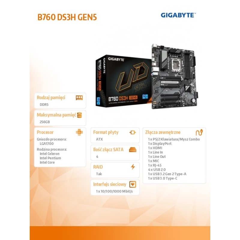 Gigabyte Płyta główna B760 DS3H GEN5 s1700 4DDR5 HDMI/DP ATX… | PartsPC.pl