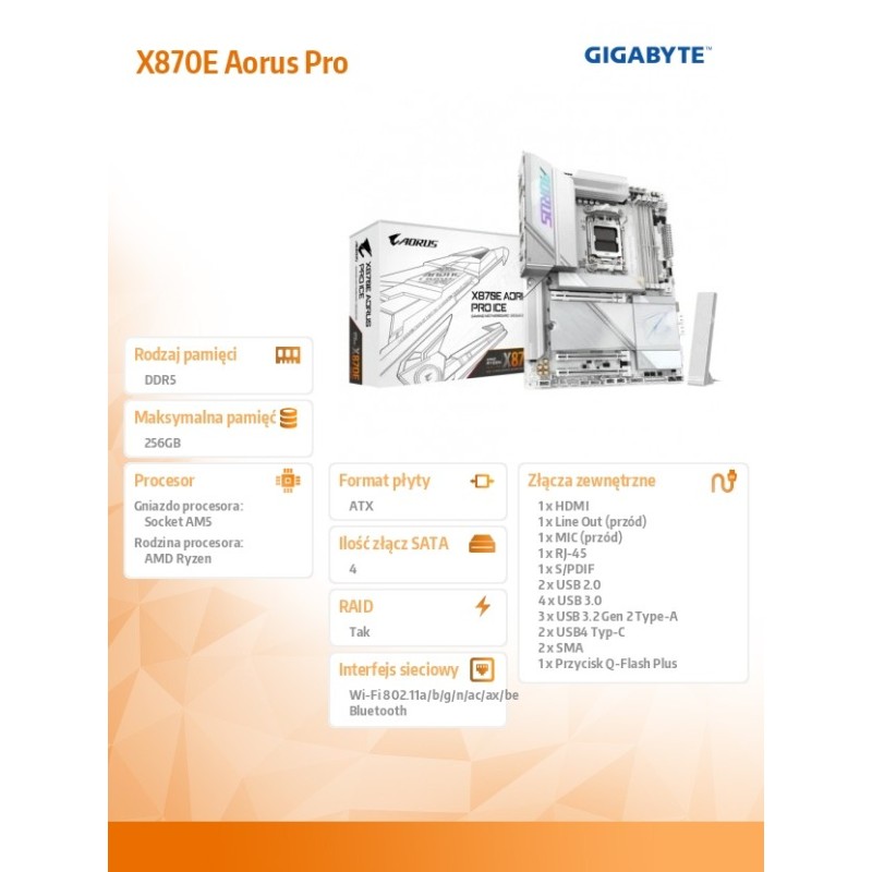 Gigabyte Płyta główna X870E AORUS PRO ICE AM5 4DDR5 HDMI/USB… | PartsPC.pl