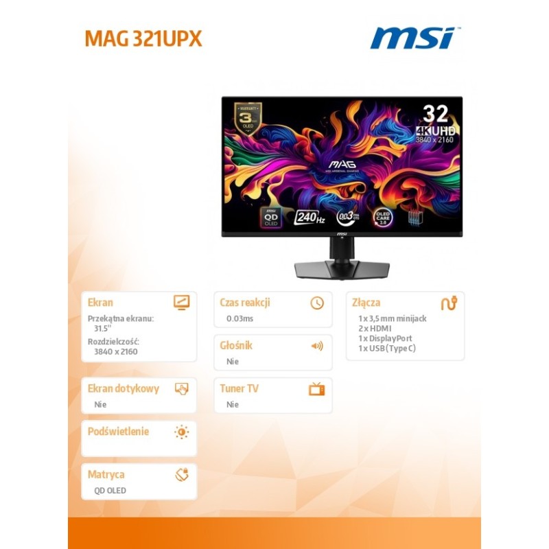 Monitor MSI 31,5" MAG 321UPX QD-OLED 2xHDMI DP USB-C