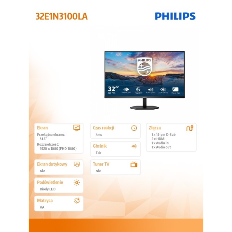 Philips Monitor 31.5 cala 32E1N3100LA VA 75Hz HDMIx2 VGA | PartsPC.pl