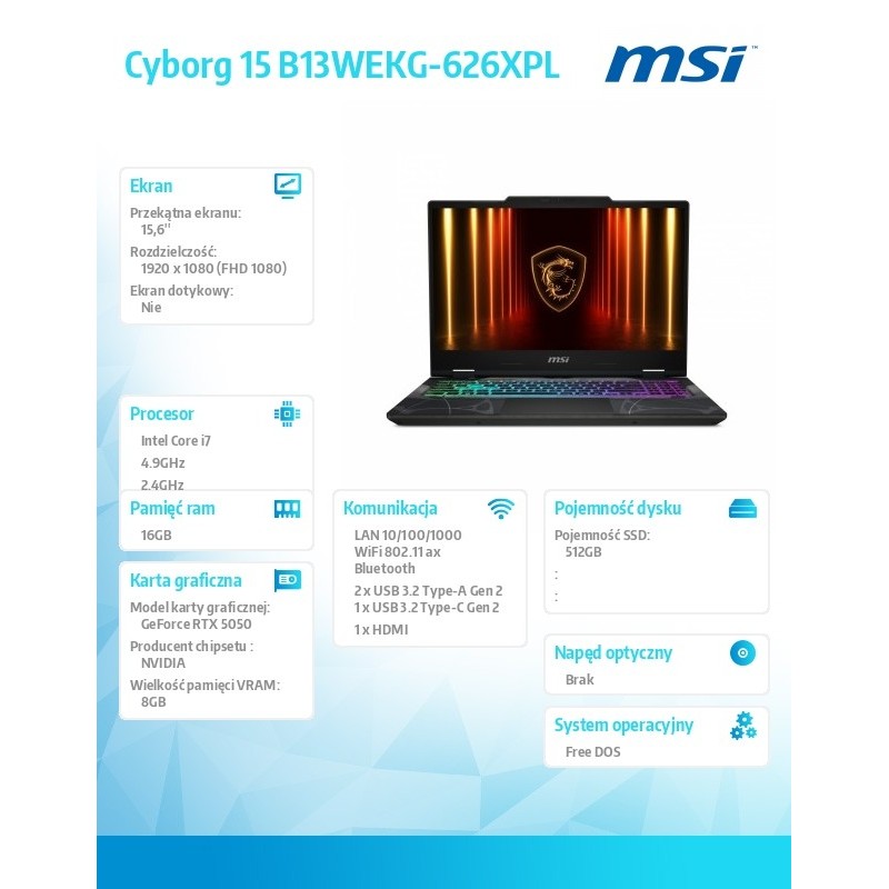 Notebook MSI Cyborg 15 B13WEKG-626XPL 15,6"FHD/i7-13620H/16G… | PartsPC.pl