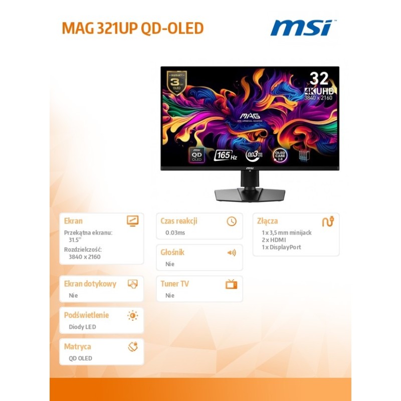 Monitor MSI 31,5" MAG 321UP QD-OLED 2xHDMI DP USB-C