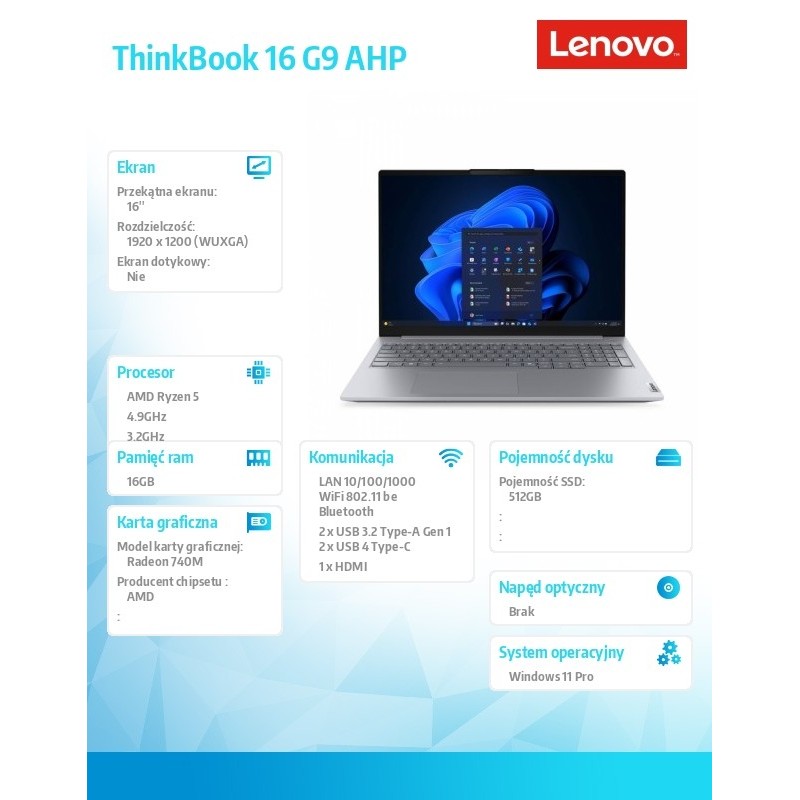 Laptop ThinkBook 16 G9 21UT0077PB W11Pro 5 220/16GB/512GB/IN… | PartsPC.pl
