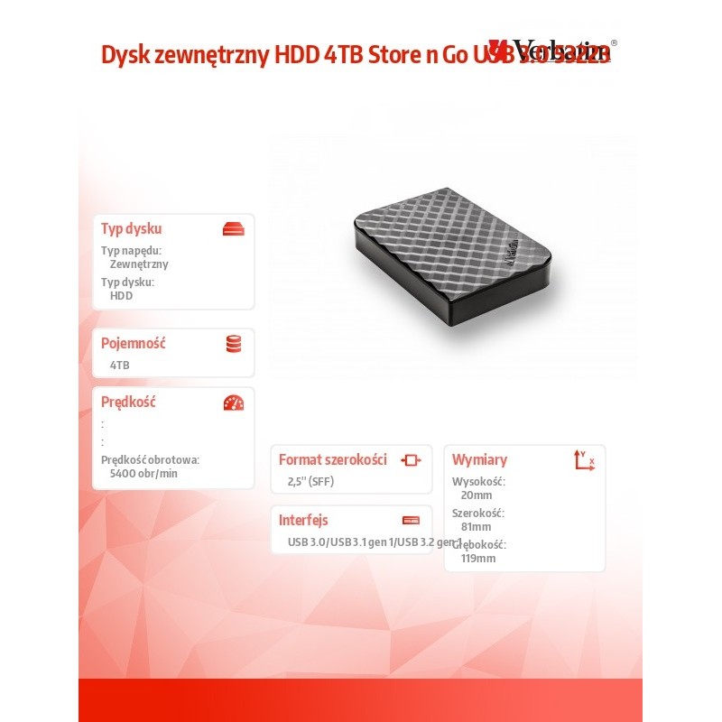 Dysk zewnętrzny Verbatim 4TB 2.5" Store 'n' Go czarny USB 3.… | PartsPC.pl