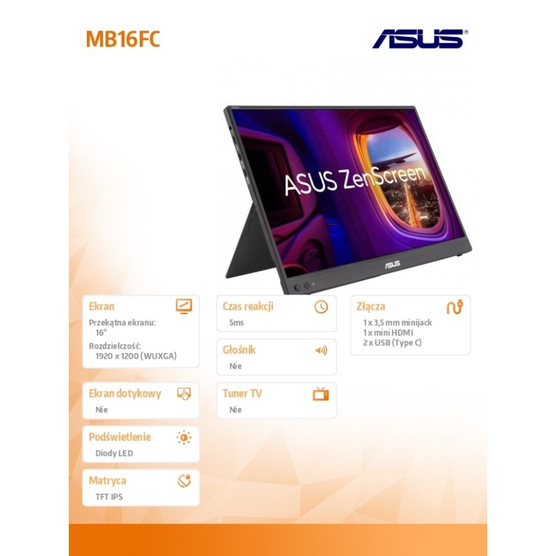 Monitor Asus 16" ZenScreen MB16FC IPS WUXGA 75Hz Mini HDMI 2… | PartsPC.pl