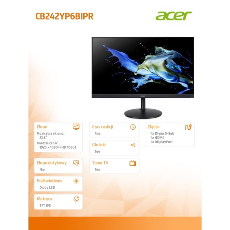 Acer Monitor 23.8 cala CB242YP6BIPR IPS 144Hz HDMI DP VGA | PartsPC.pl