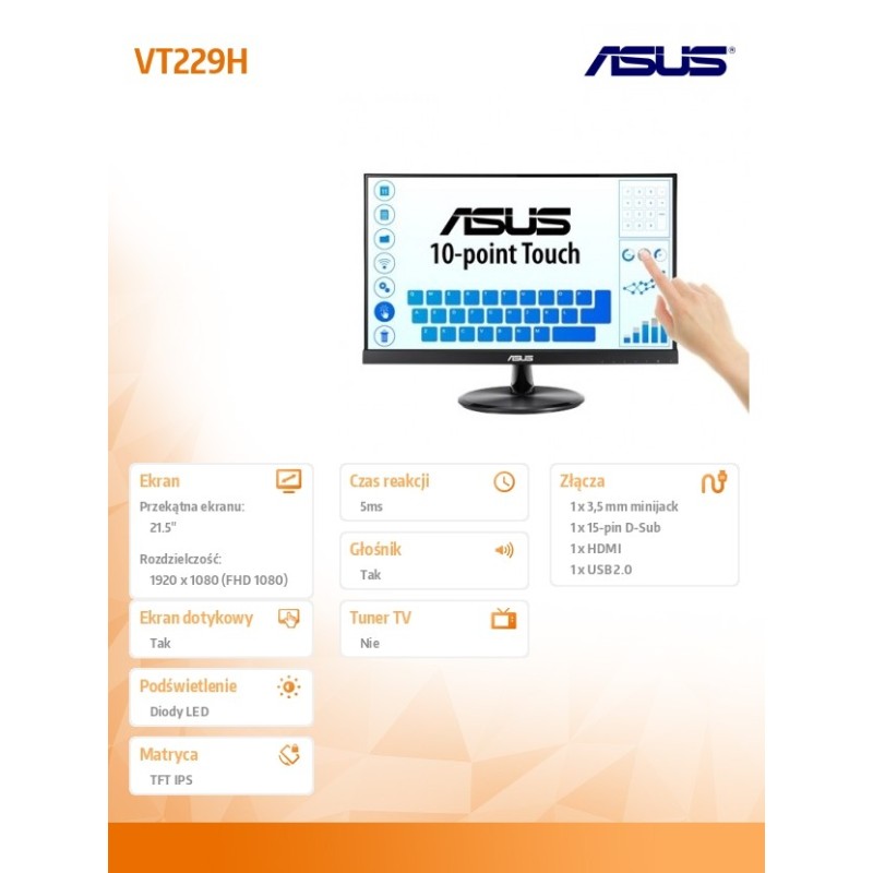Monitor Asus 21,5" VT229H Touch D-Sub HDMI USB 2.0 głośniki