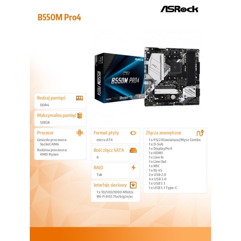 Płyta ASRock B550M Pro4/AMD B550/DDR4/SATA3/M.2/USB3.1/PCIe4… | PartsPC.pl
