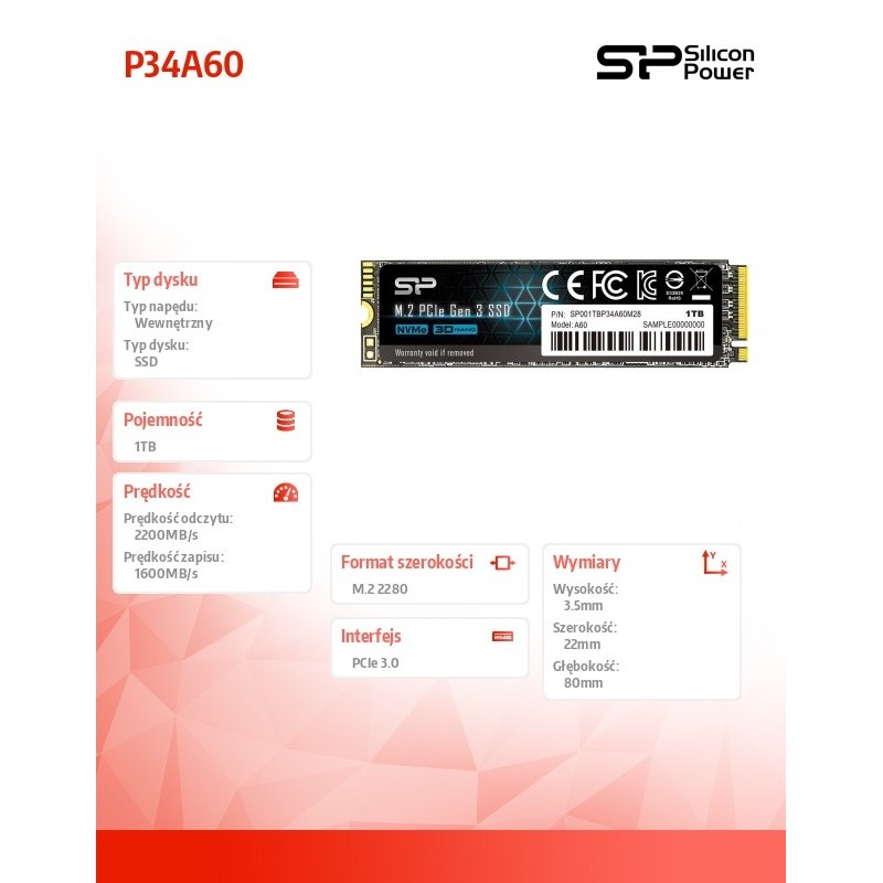 Dysk SSD Silicon Power A60 1TB M.2 PCIe Gen3x4 NVMe (2200/16… | PartsPC.pl
