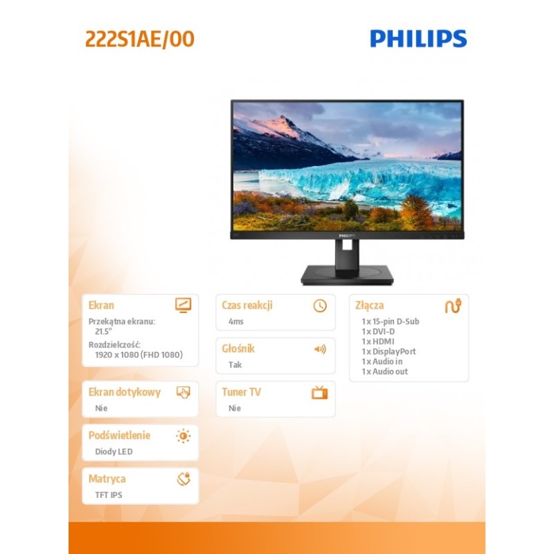 Monitor Philips 21,5" 222S1AE/00 VGA DVI HDMI głośniki | PartsPC.pl