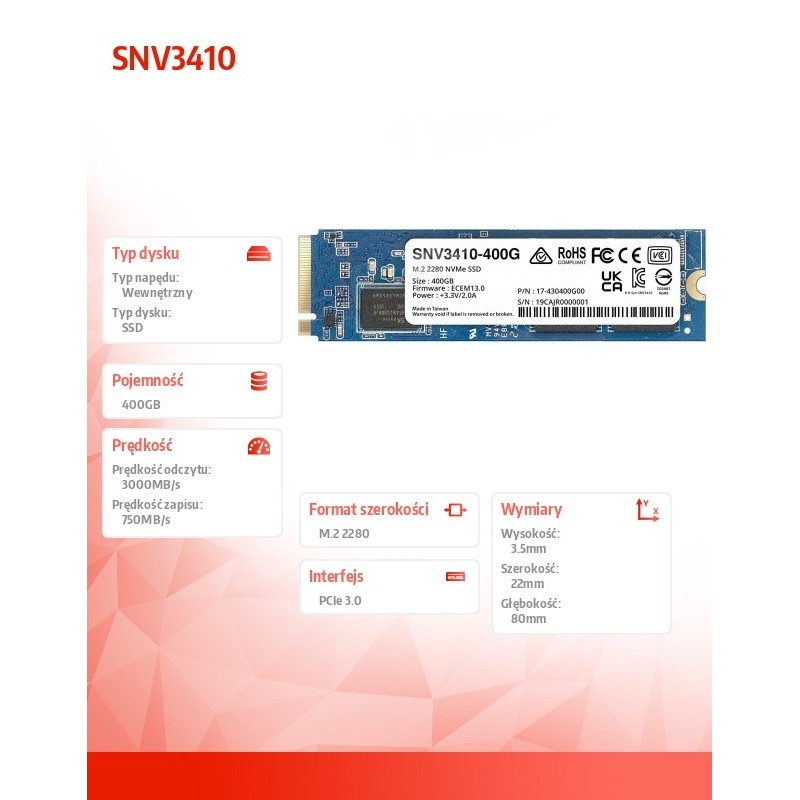 Synology SNV3410-400G | dysk M.2 NVMe SSD o pojemności 400GB (M.2 2280) serii Enterprise